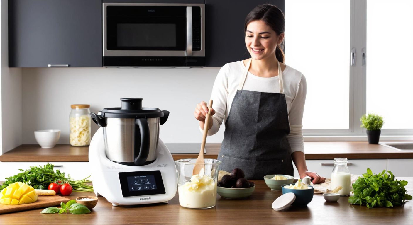 A modern Turkish kitchen with a Thermomix machine blending creamy butter, surrounded by fresh ingredients like cream and cold water, and a smiling woman in an apron checking the consistency with a wooden spoon.