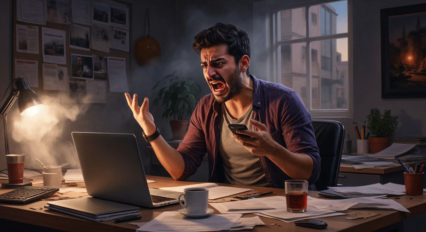 A frustrated Turkish man in a casual outfit sits at a cluttered desk with a laptop open, gesturing angrily toward a glowing customer support chat window while holding his phone, surrounded by scattered papers and a steaming cup of Turkish tea.