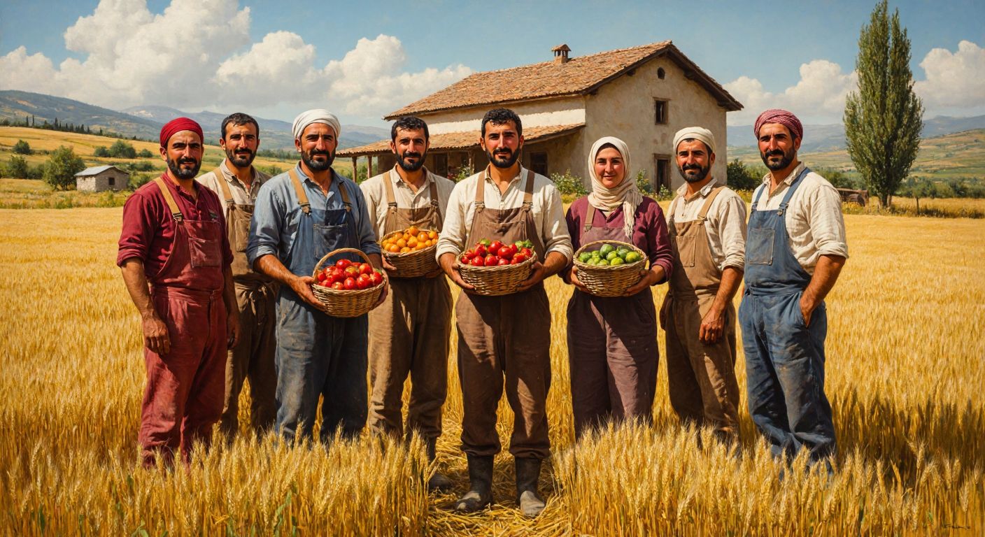 A group of Turkish farmers in traditional workwear standing proudly in a sunlit wheat field, holding baskets of fresh produce, with a rustic cooperative building in the background.
