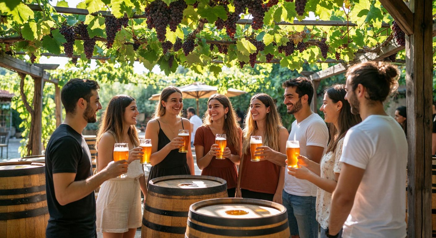 A group of smiling people in İzmir gathered around wooden barrels and copper brewing equipment, sharing glasses of amber-hued craft beer under a sunlit pergola draped with grapevines.