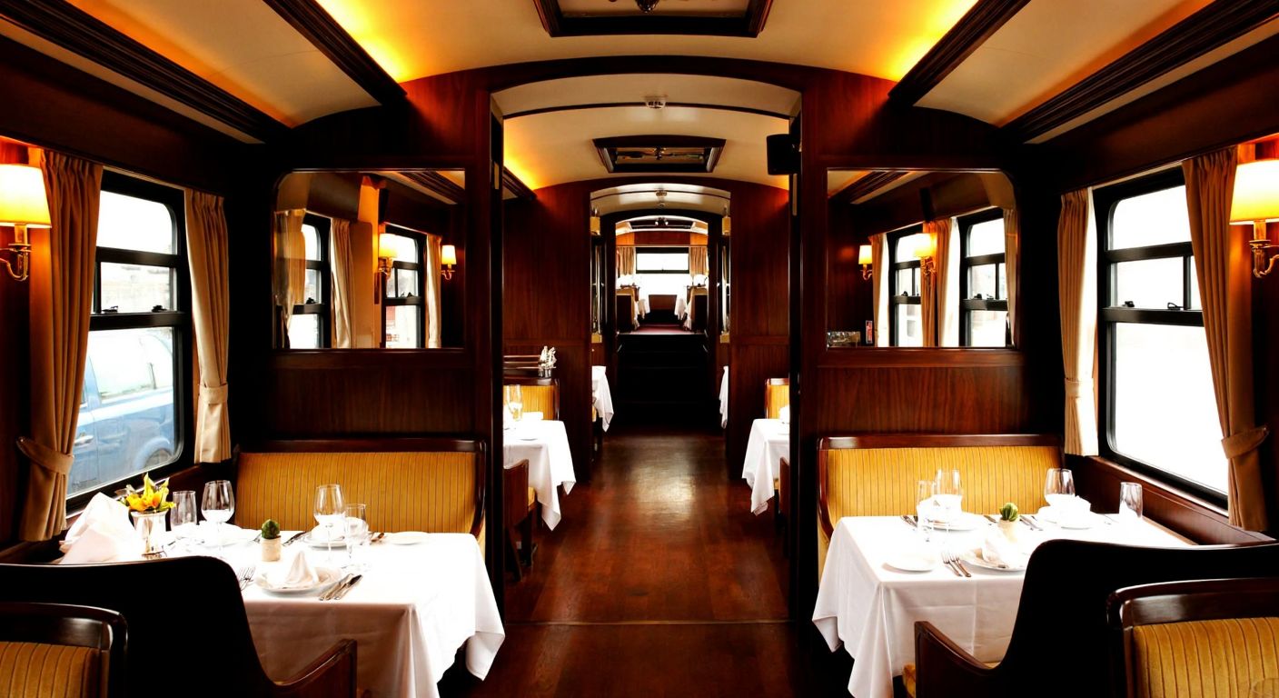 A luxurious double-decker bus with a warmly lit lower deck featuring a small, elegant French-style bistro, where passengers dine on gourmet dishes at neatly arranged tables with white tablecloths, surrounded by rich wooden paneling and soft ambient lighting.