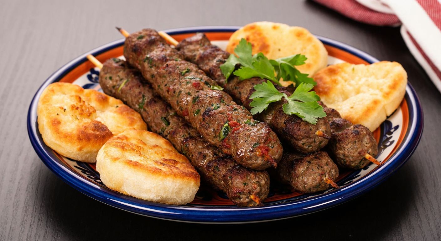 A steaming plate of richly spiced kebabs with golden-brown bread and fresh herbs, served on a vibrant Turkish ceramic plate, evoking warmth and appetite.