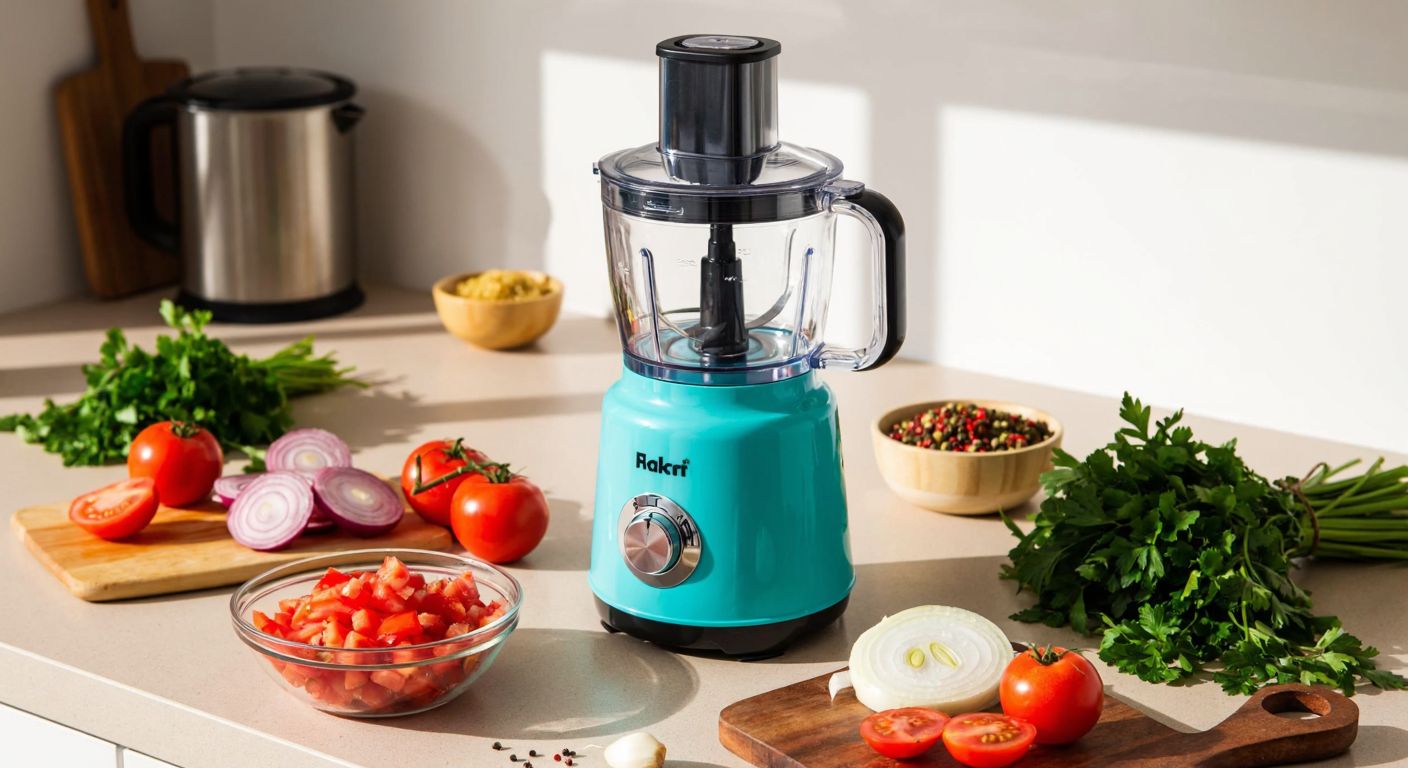 A sleek turquoise Fakir Trex Dual food processor sits on a sunlit kitchen counter in Turkey, surrounded by freshly chopped tomatoes, onions, and parsley, with stainless steel blades gleaming inside its glass bowl.