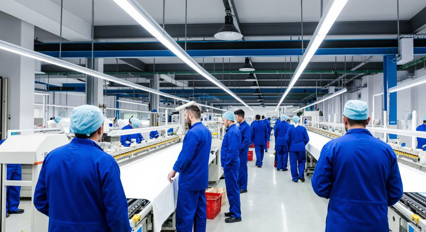 A modern textile factory in Çorlu, Tekirdağ, with workers in blue uniforms inspecting high-quality workwear under bright industrial lights, conveying professionalism and efficiency.