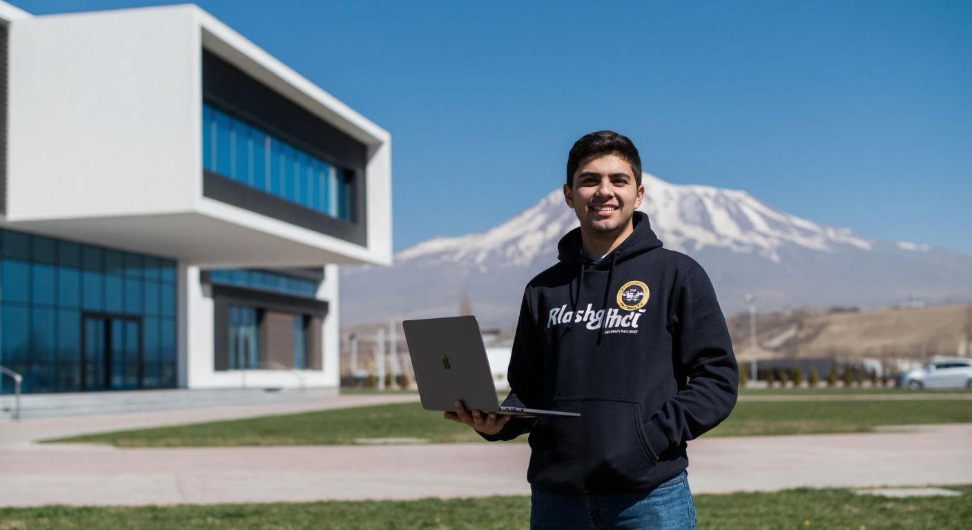 A young student in a university hoodie stands confidently in front of a modern campus building in Kayseri, holding a laptop while smiling, with Mount Erciyes visible in the background under a clear blue sky.