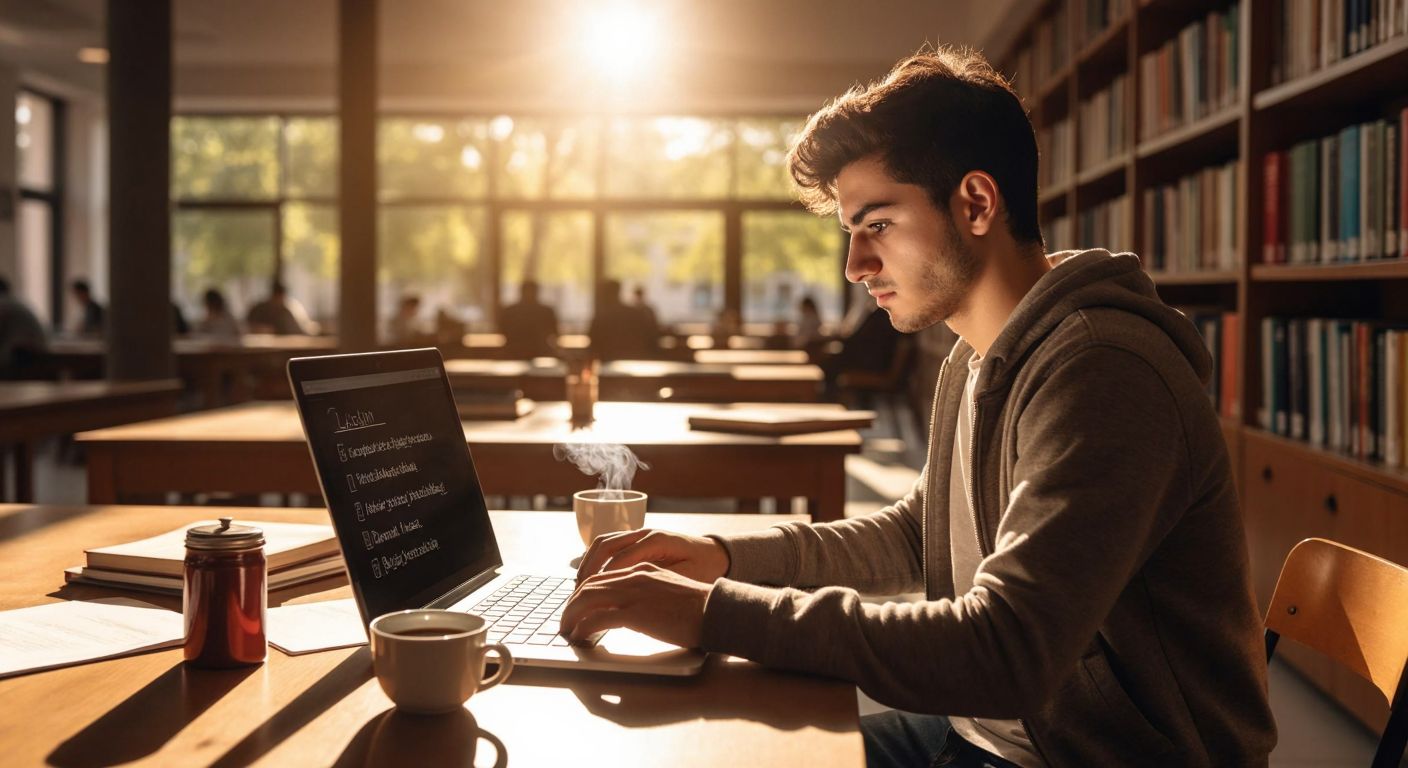 A young Turkish student with focused eyes sits at a wooden desk in a sunlit university library, typing on a laptop with a Blackboard login page displayed on the screen, surrounded by scattered notebooks and a steaming cup of Turkish tea.