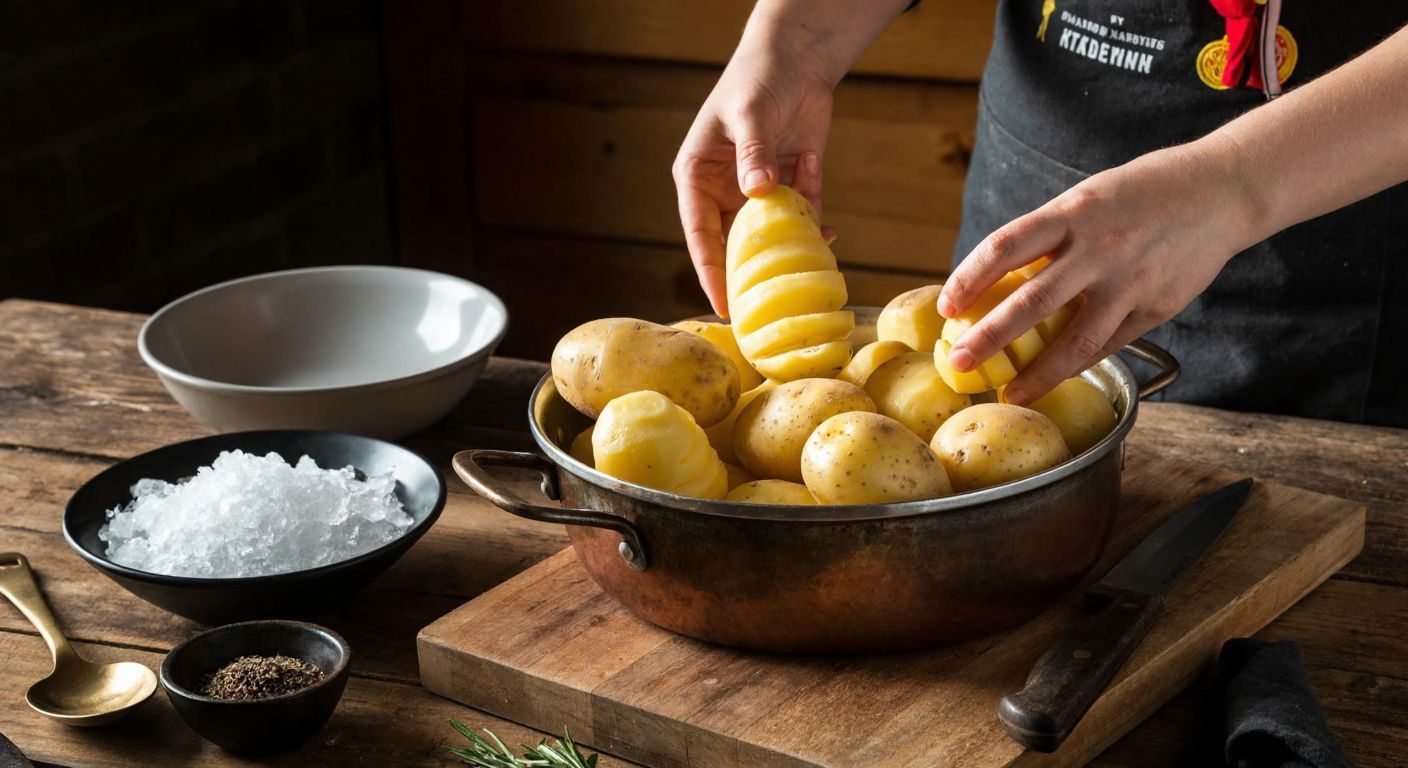 A rustic Turkish kitchen with a steaming pot of boiled potatoes on a wooden table, a knife making cross-cuts on a potato, and a bowl of ice water nearby, with hands effortlessly peeling the skin off a warm potato.