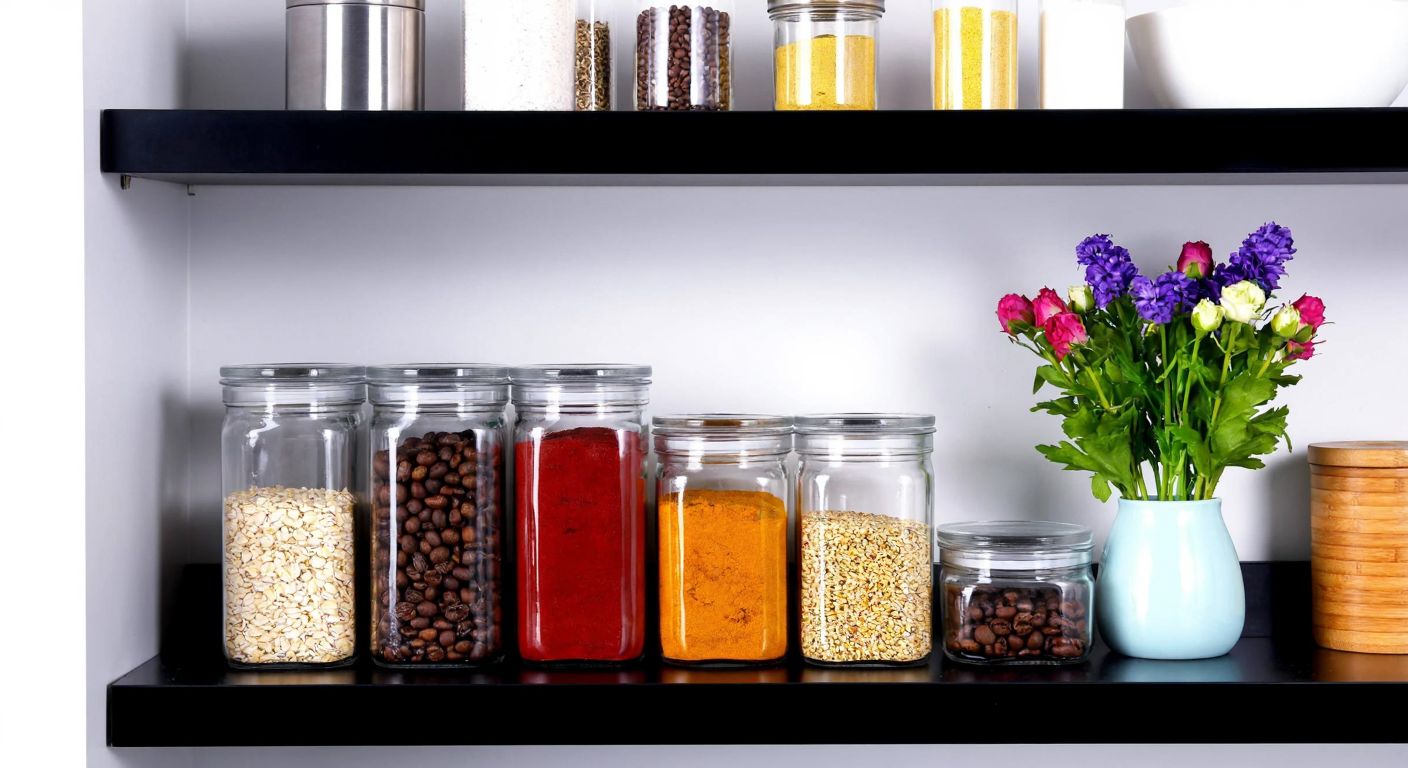 A neatly arranged Turkish kitchen shelf with transparent square Paşabahçe jars filled with colorful spices, dried legumes, and coffee beans, alongside a small vase of fresh flowers for decoration.