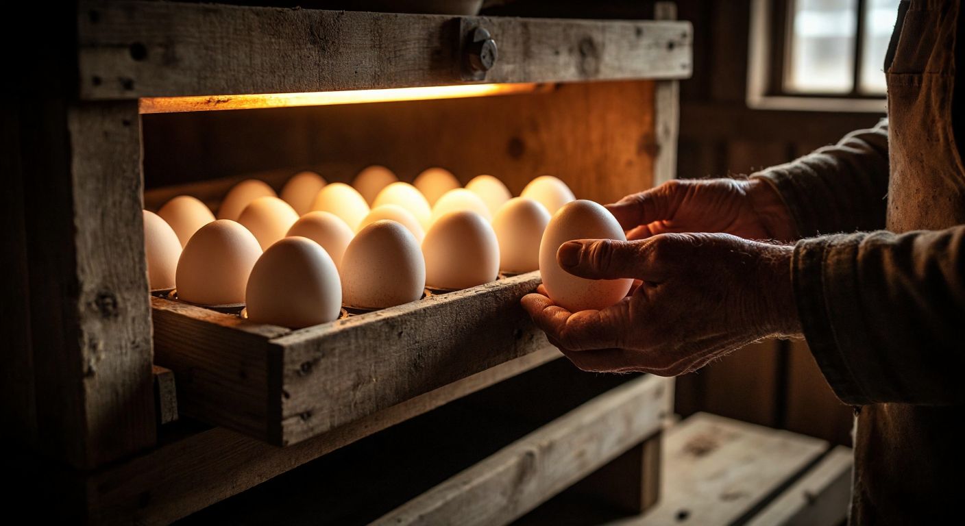 A rustic wooden incubator with warm golden light inside holds neatly arranged turkey eggs, their pointed ends facing downward, while a pair of weathered hands gently turns one egg, surrounded by the soft hum of the machine in a cozy, sunlit farm shed.