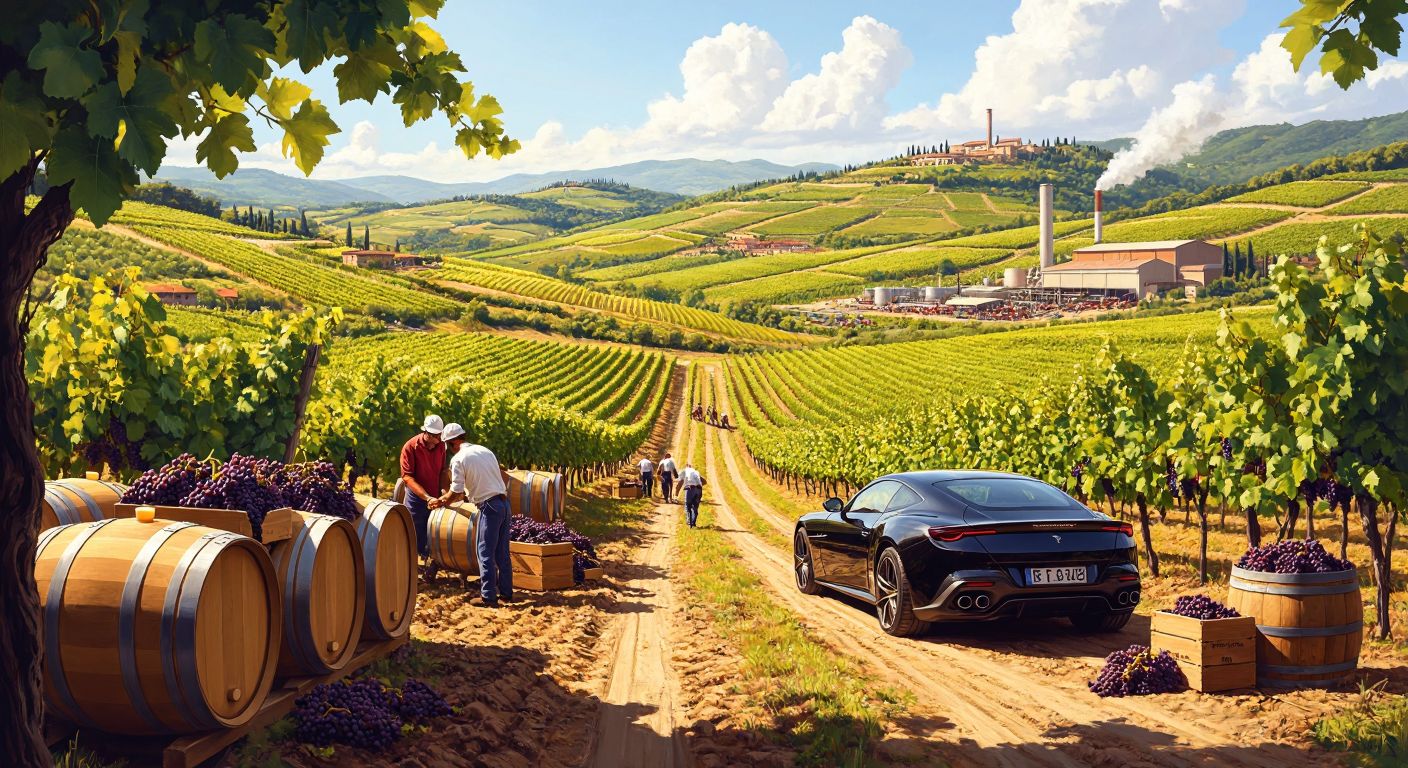 A sunlit Italian vineyard stretches toward rolling hills, with workers harvesting grapes beside stacks of wooden wine barrels, while a sleek luxury car and designer handbags sit near a bustling factory in the distance.