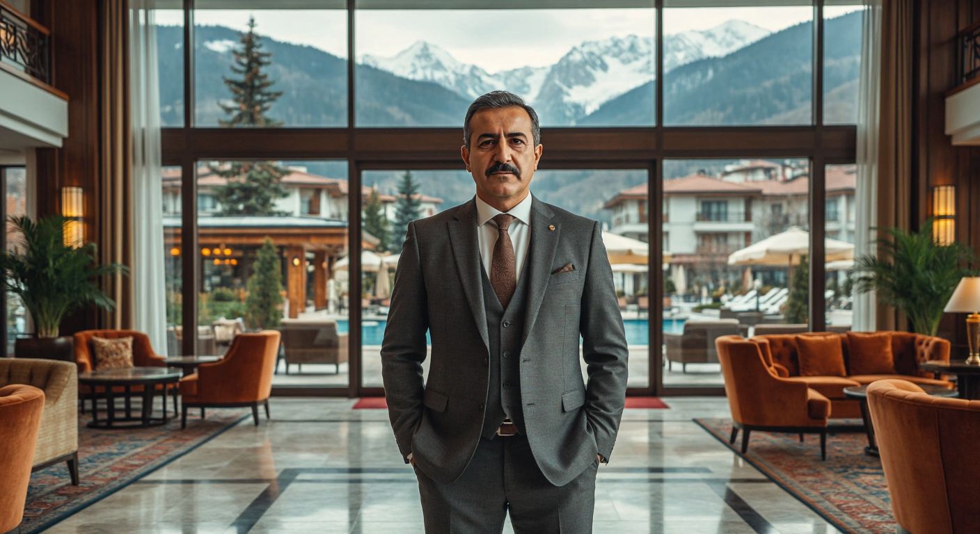 A distinguished middle-aged Turkish man in a tailored suit stands confidently in the lobby of a luxurious hotel, surrounded by elegant furnishings and warm lighting, with a serene mountain resort visible through the large windows behind him.