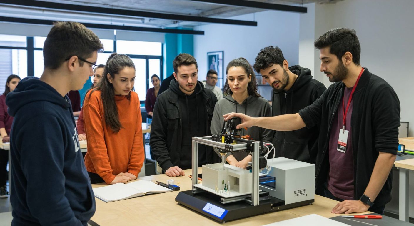 A group of diverse students in a modern Istanbul workshop intently watching a 3D printer create a small architectural model, with an instructor in a blue MEB-approved certification badge gesturing towards the machine.