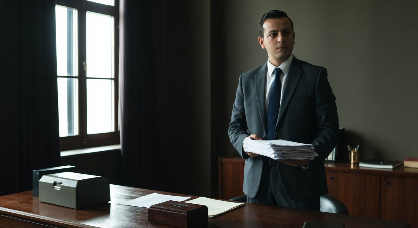 A solemn Turkish businessman in a formal suit stands in a dimly lit office, holding a stack of documents while a dusty ledger and a closed cashbox sit on a wooden desk nearby.