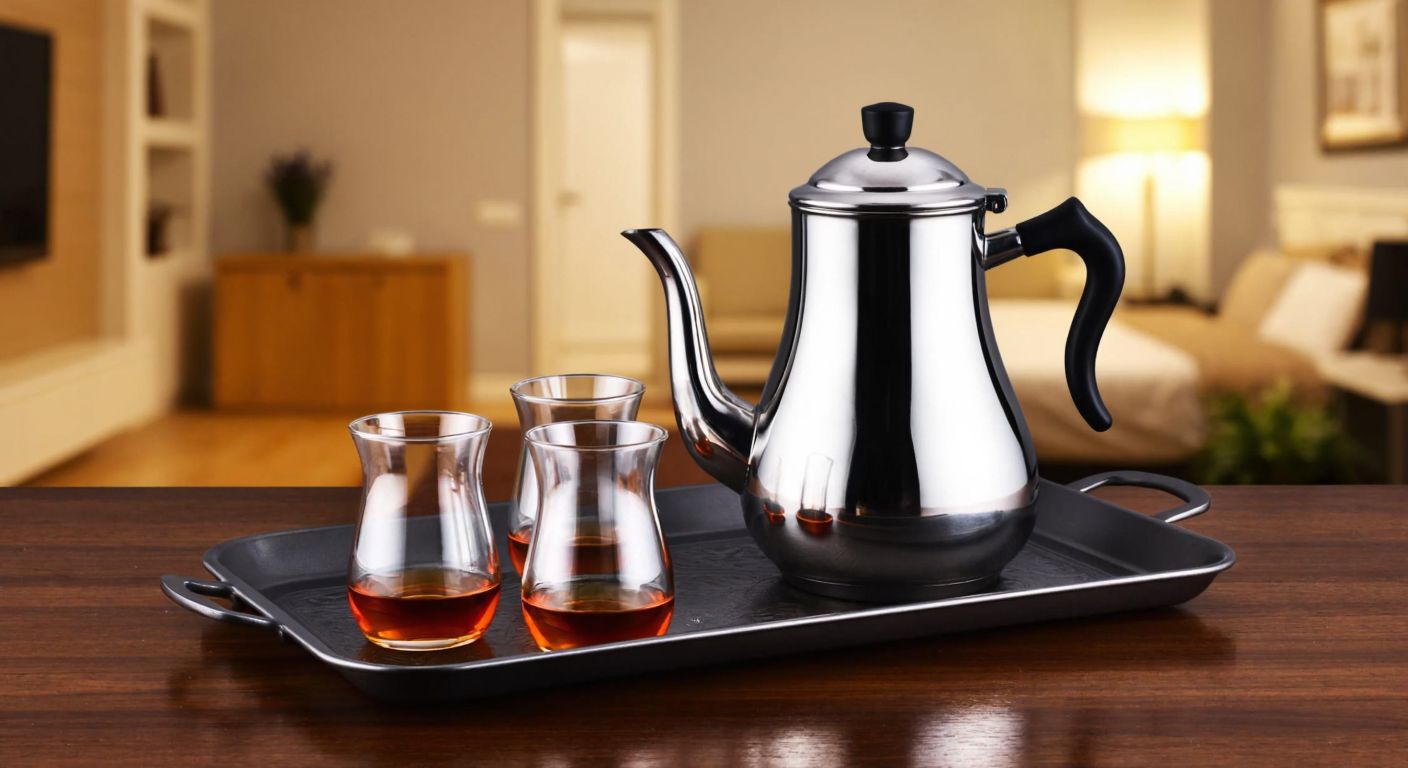 A traditional Turkish tea set with a shiny stainless steel Korkmaz Droppa Maxi teapot, four small tulip-shaped glasses, and a tray, placed on a wooden table in a cozy home setting with warm lighting.