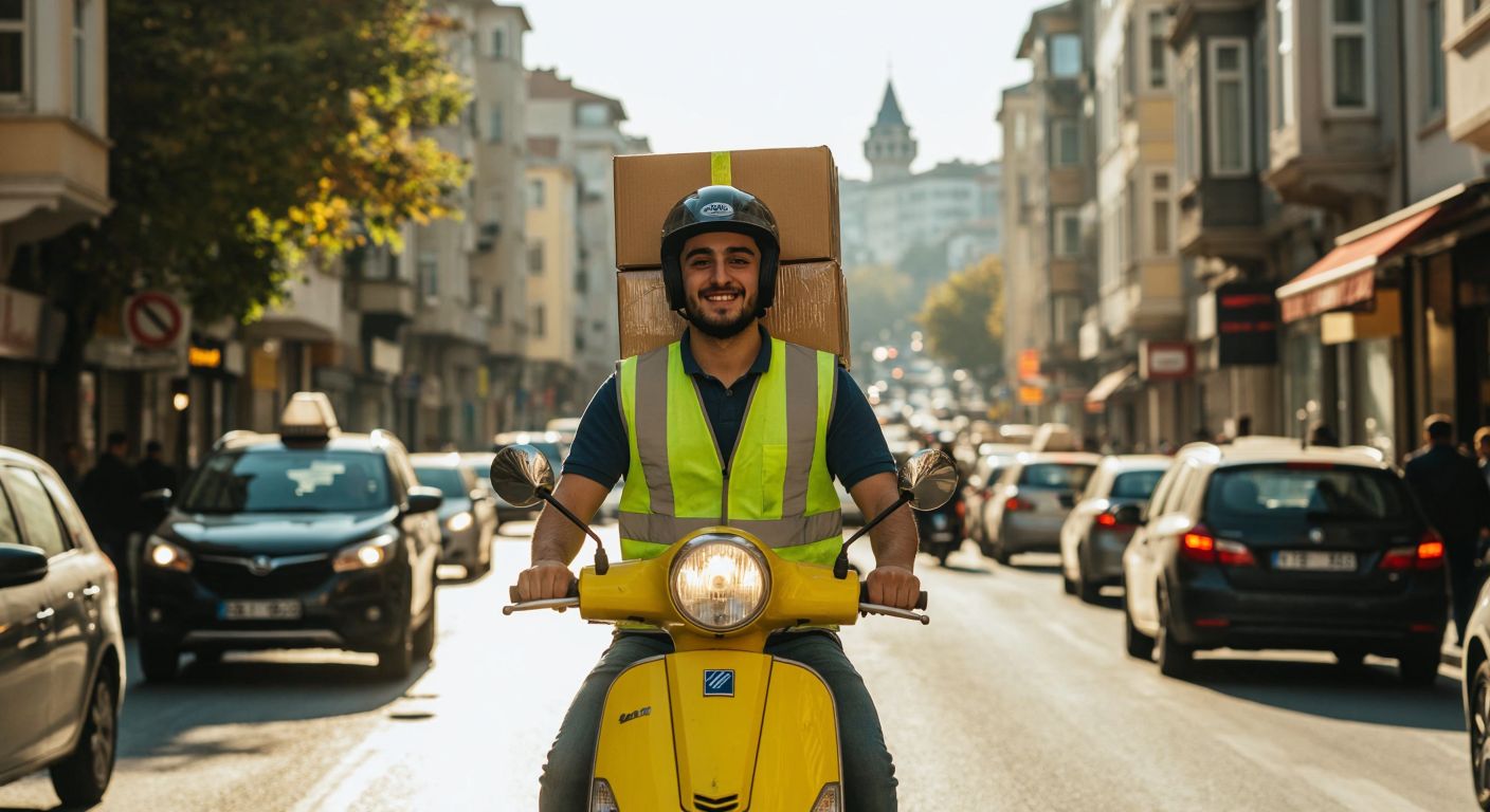 A determined young courier in a reflective vest rides a scooter through Istanbul’s bustling streets, balancing a stack of packages with a warm smile, navigating traffic under a bright sun.