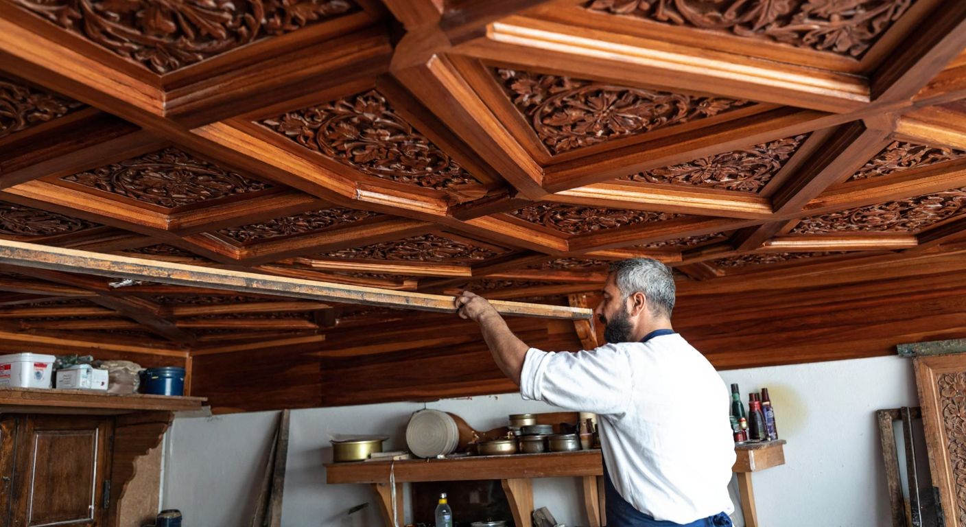 A craftsman in a traditional Turkish workshop carefully applying glossy varnish to an ornate wooden ceiling with intricate carvings, surrounded by tools and pots of lacquer.