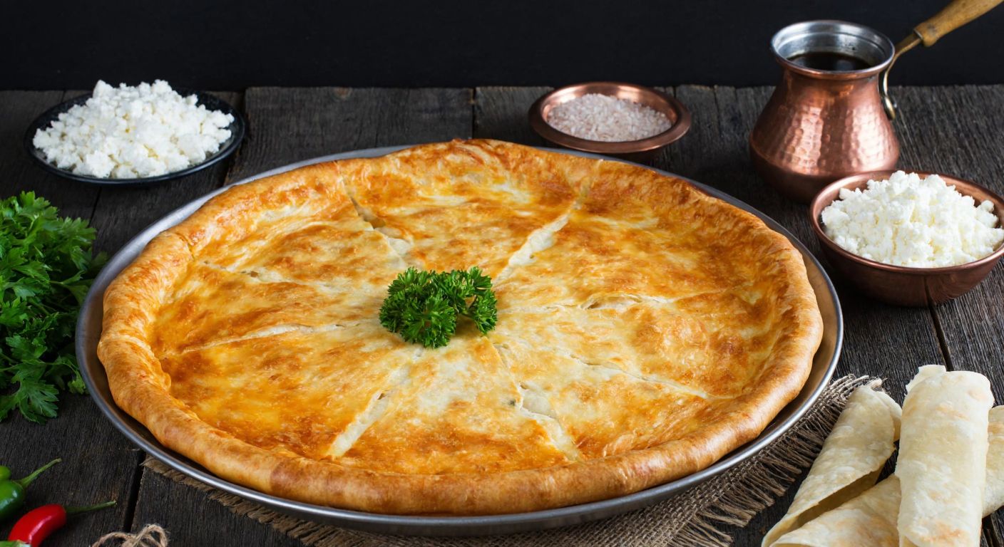 A warm, golden-brown tava böreği sits on a rustic wooden table, surrounded by fresh ingredients like crumbled white cheese, chopped parsley, and thinly rolled yufka dough, with a traditional Turkish copper pot nearby.
