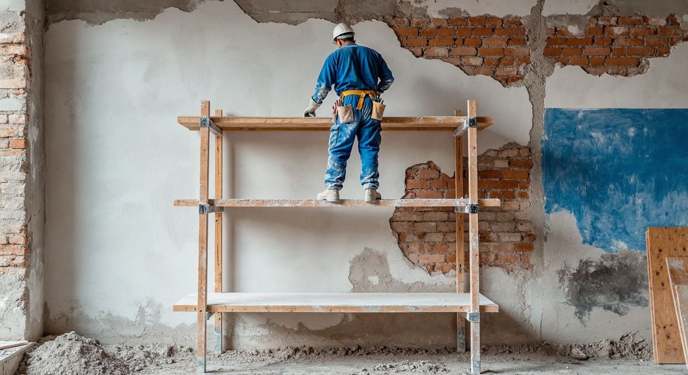 A sturdy wooden or metal scaffold with two adjustable platforms, set against a half-painted brick wall in a Turkish construction site, where a worker in a dusty blue jumpsuit carefully applies plaster while balancing on the structure.