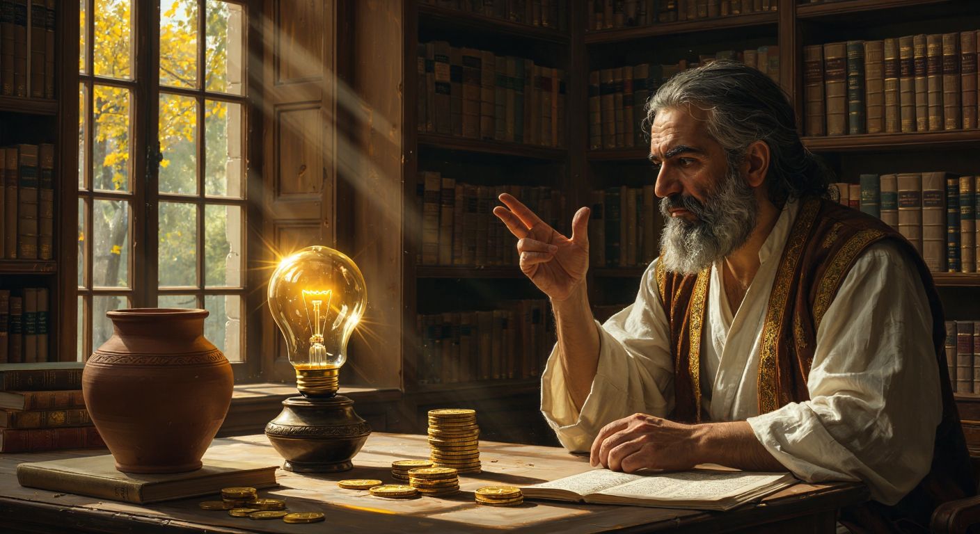 A Turkish philosopher in a sunlit library gestures thoughtfully toward a glowing lightbulb (idealism), while another examines a stack of gold coins and a clay pot (materialism), their expressions reflecting deep contemplation.