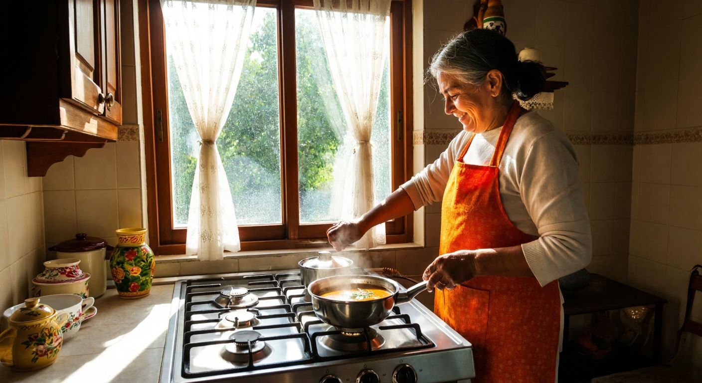 A traditional Turkish kitchen with a gleaming gas stove, a bubbling pot of çorba simmering on one burner, and a smiling elderly woman in an apron adjusting the flame while sunlight streams through lace curtains.