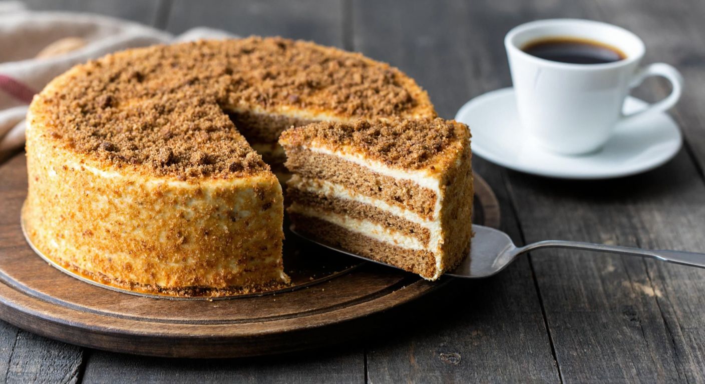 A golden-brown layered cake with creamy coffee filling, topped with a dusting of granulated coffee, placed on a rustic wooden table beside a steaming cup of Turkish coffee.
