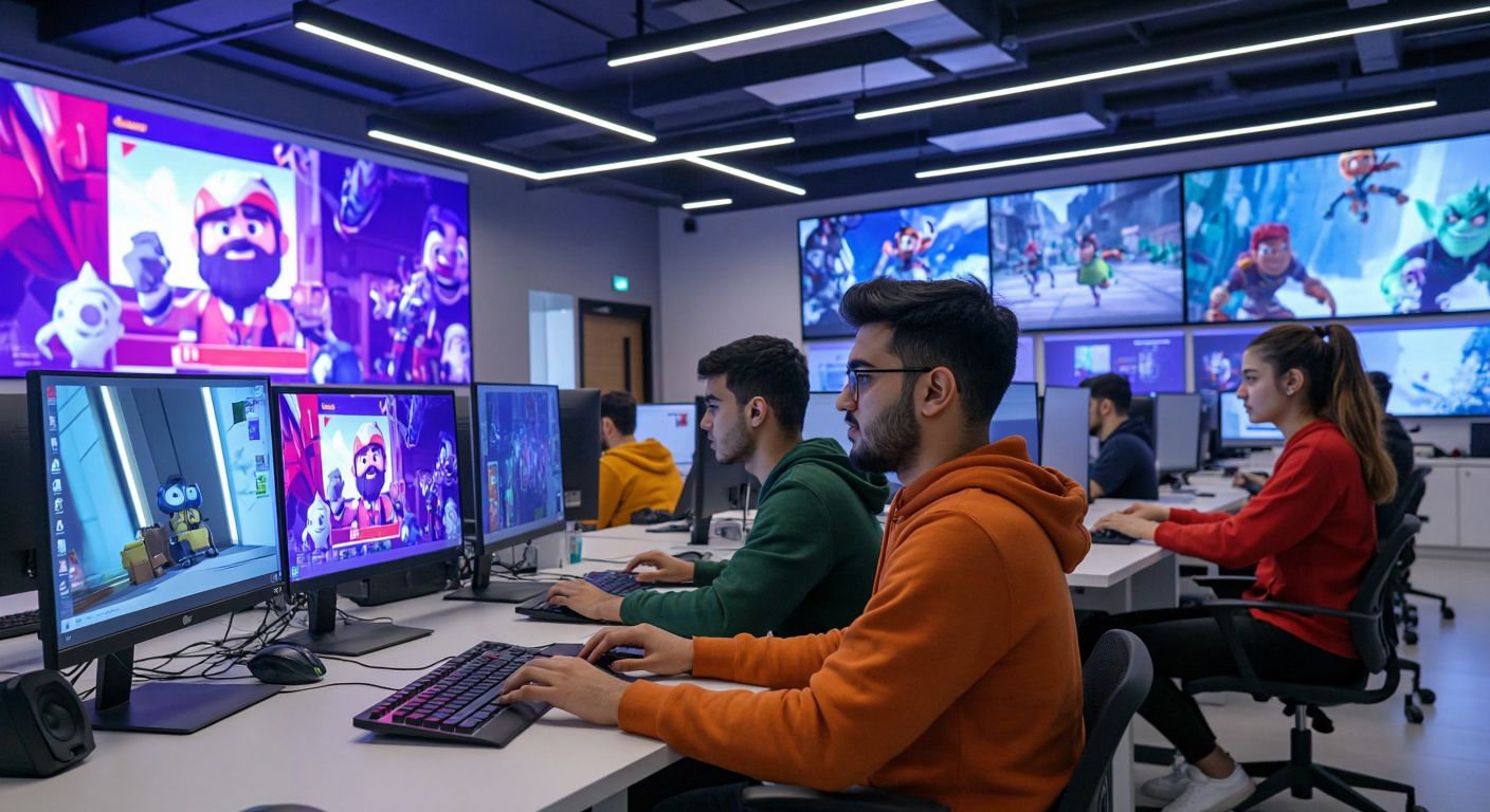 A modern university campus in Ankara with a diverse group of focused students working on 3D animation projects in a bright computer lab, surrounded by colorful digital screens displaying animated characters.