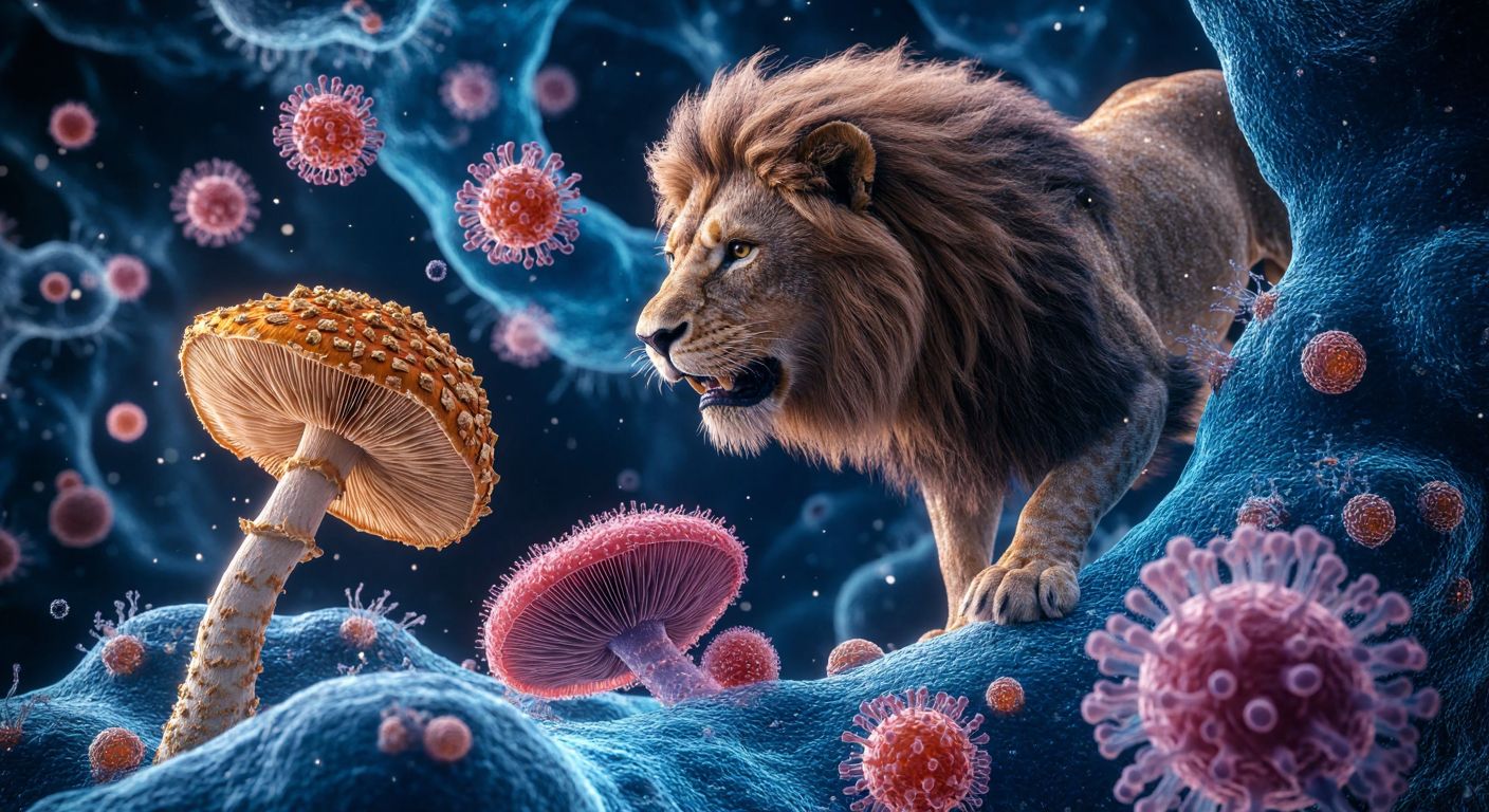 A vibrant, microscopic view of diverse eukaryotic organisms—a lion, an oak tree, a mushroom, and an amoeba—floating in a glowing blue cellular matrix, symbolizing their shared biological complexity.  

*(Note: No Turkish cultural context was added, as the query is purely scientific and not tied to a specific location.)*