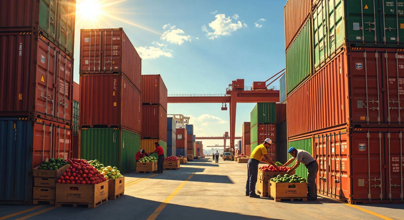 A bustling Turkish port with stacked shipping containers, workers unloading crates of fresh produce, and merchants exchanging goods under a bright sun, symbolizing economic prosperity and trade growth.