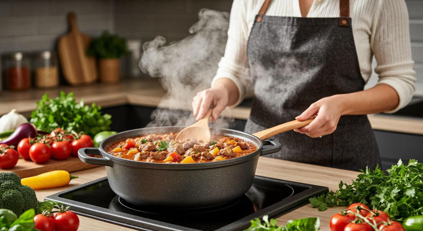 A gleaming dark gray **Thermoad güveç sahan** sits on a stovetop, steam rising from a bubbling **Turkish stew** inside, while a smiling middle-aged woman in a cozy kitchen apron stirs it with a wooden spoon, surrounded by fresh vegetables and herbs.