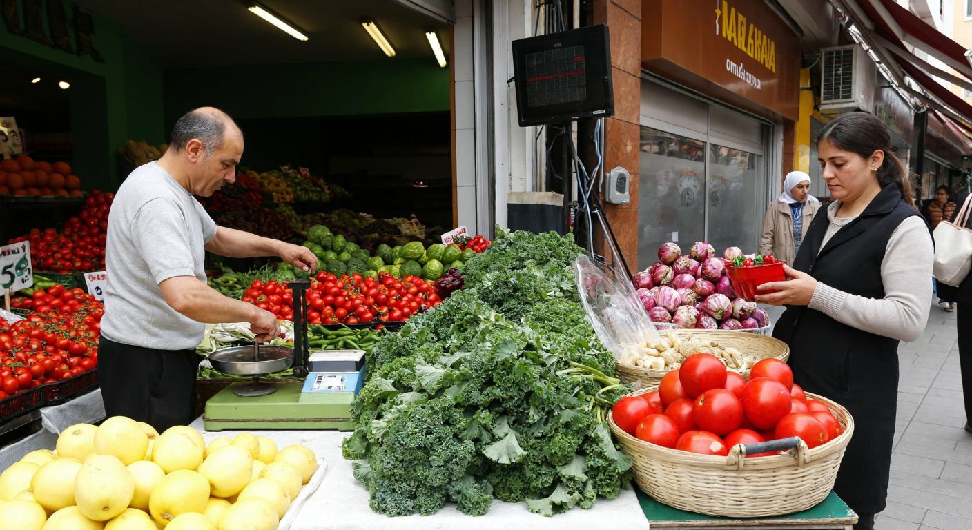 A Turkish market scene with a vendor weighing fresh produce on a scale while a shopper examines a basket of goods, symbolizing the contrast between general inflation (rising prices) and CPI (specific price changes in a consumer basket).