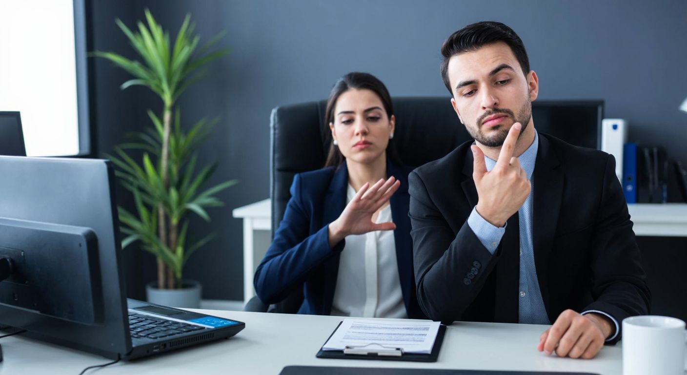 A tired-looking office worker in a Turkish workplace, sitting at a desk with a resigned expression, while a stern employer gestures with a firm "no" hand signal, symbolizing the denial of salary compensation after unpaid leave.