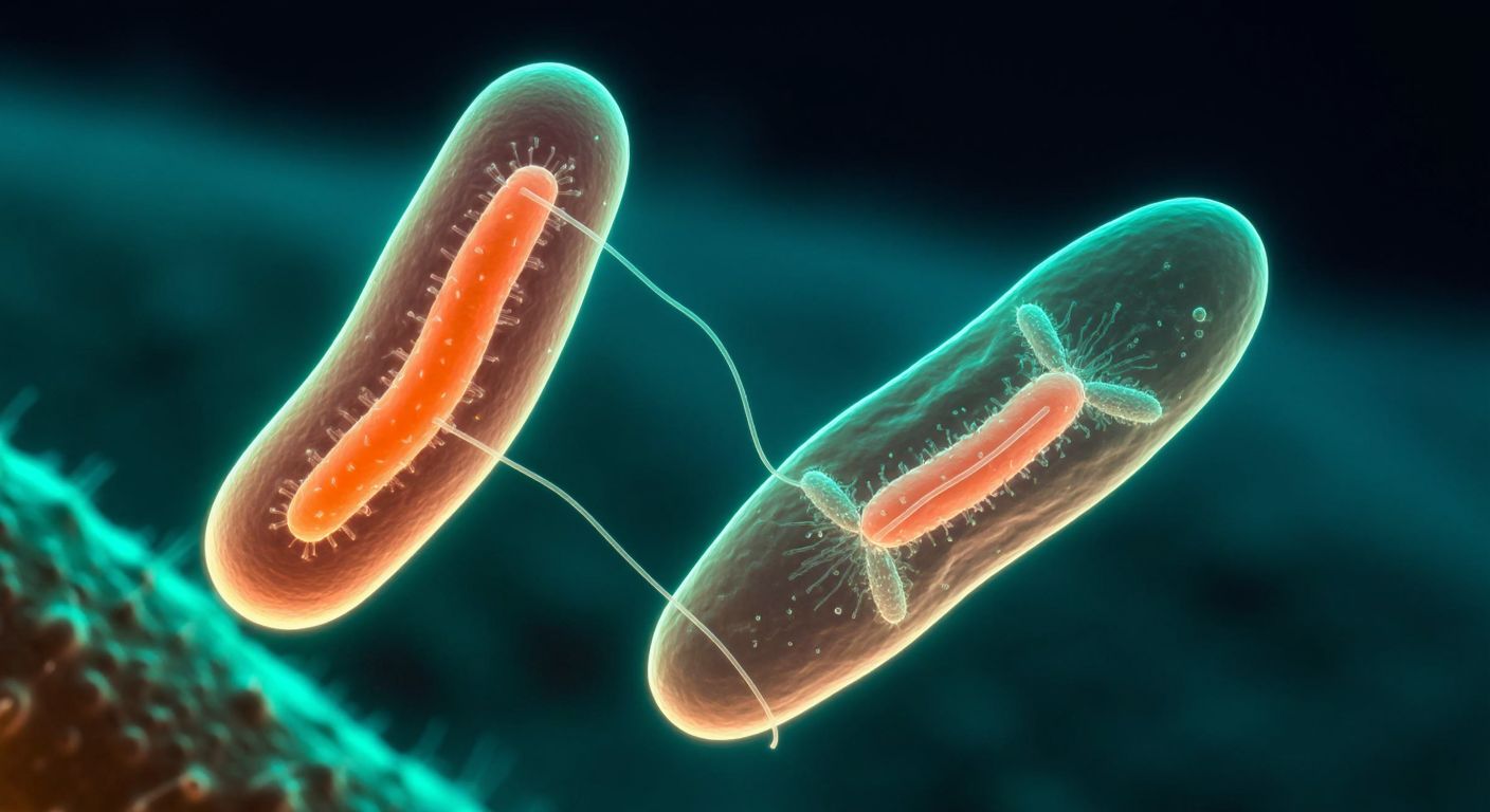 A microscopic view of two single-celled organisms—one resembling a rod-shaped bacterium and another a slipper-shaped paramecium—gently touching and exchanging genetic material through a thin, glowing bridge.