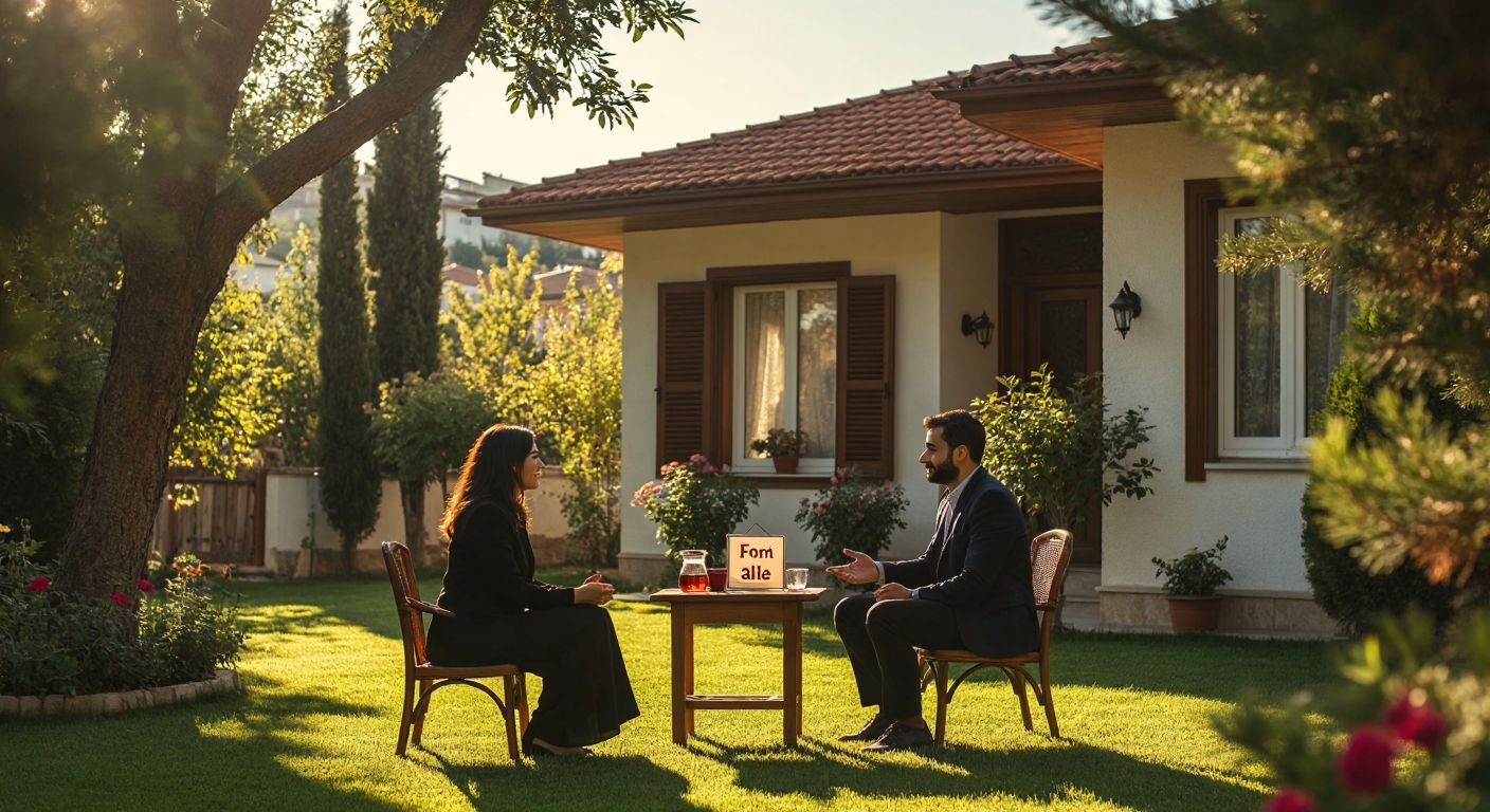 A cozy Turkish home with a "For Sale" sign in the garden, bathed in warm sunlight, while a hopeful homeowner and a real estate agent discuss over çay on a small wooden table.