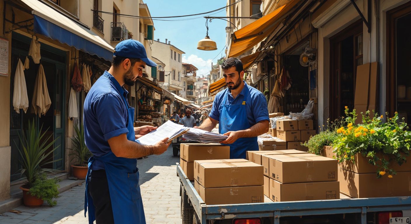 A Turkish delivery driver in a blue uniform carefully loads boxes onto a small truck while a merchant in an apron hands him a stack of documents, both looking focused and cooperative under the warm sunlight of a bustling marketplace.