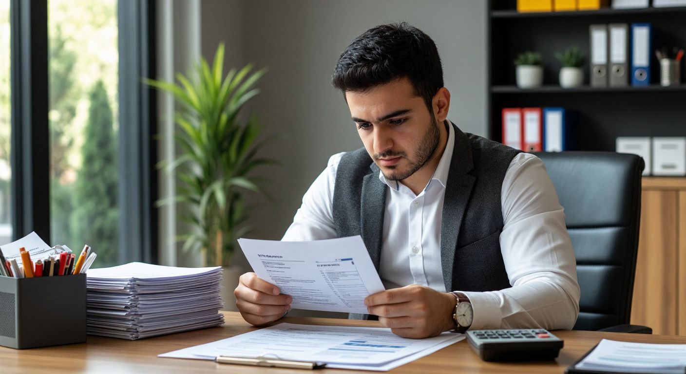 A focused Turkish office worker in a modern Ankara business setting reviews printed invoices at a tidy desk, with a calculator nearby and a stack of organized folders, conveying professionalism and financial diligence.