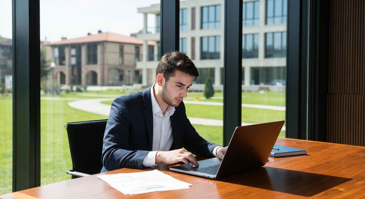A determined young professional in Ankara, dressed in formal attire, sits at a wooden desk with a laptop open, carefully reviewing documents while a university campus with modern Turkish architecture is visible through the window.