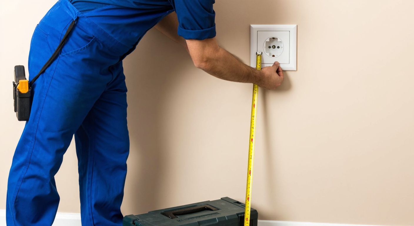 A Turkish electrician in a blue uniform measures the height of a white electrical outlet on a beige wall using a yellow tape measure, with a toolbox open on the floor nearby.