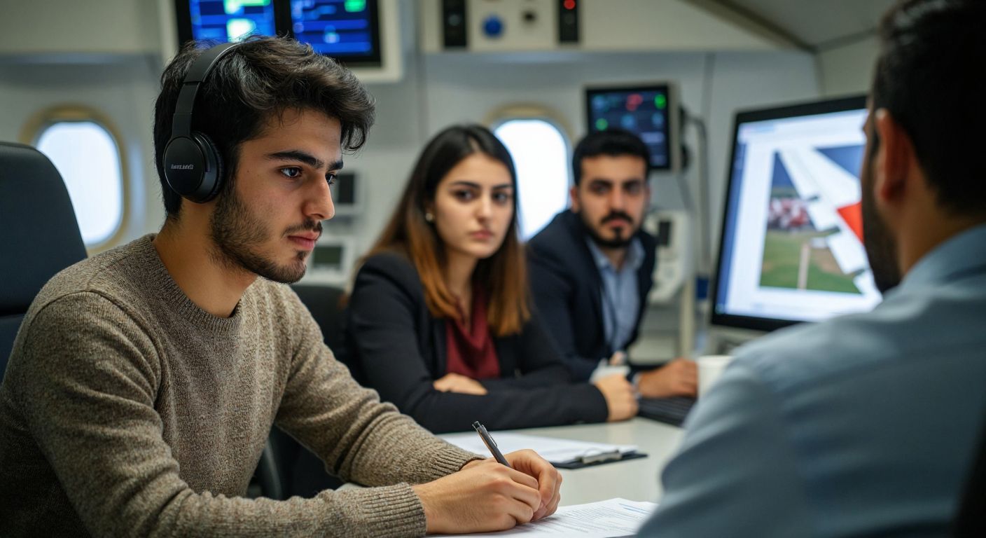 A focused young Turkish candidate in a professional setting, nervously taking an online English test while a panel of interviewers observes from a distance, with a flight simulator and medical check-up equipment visible in the background.