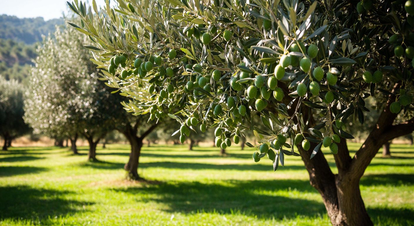 A sunlit olive grove in Turkey with plump Koroneiki and Arbequina olives glistening on the branches, their deep green hues contrasting against the silvery leaves.