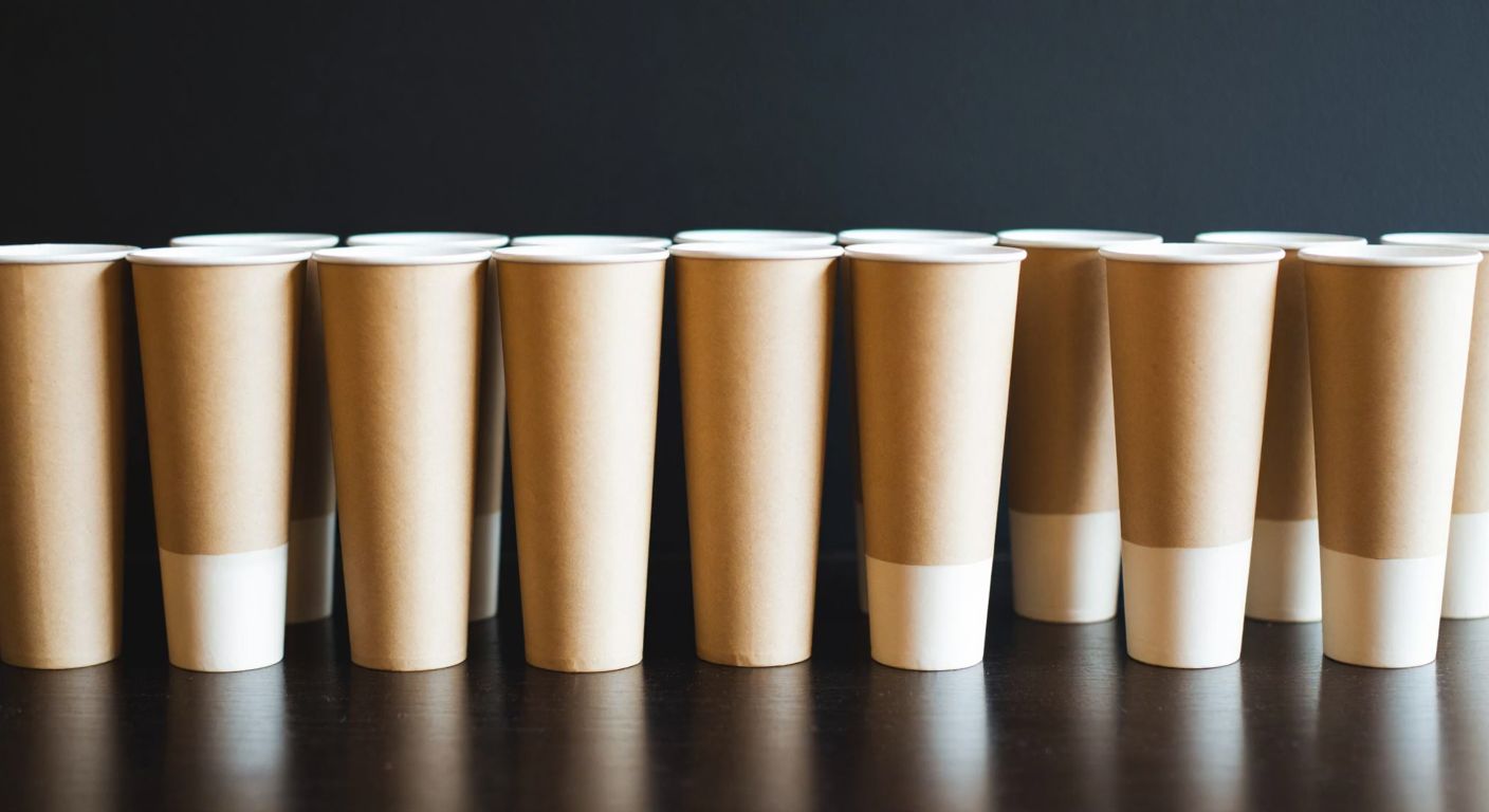A neatly arranged row of cylindrical cups made of cardboard, ceramic, and glass, with a cross-section revealing their layered materials, set against a warm Turkish café backdrop.