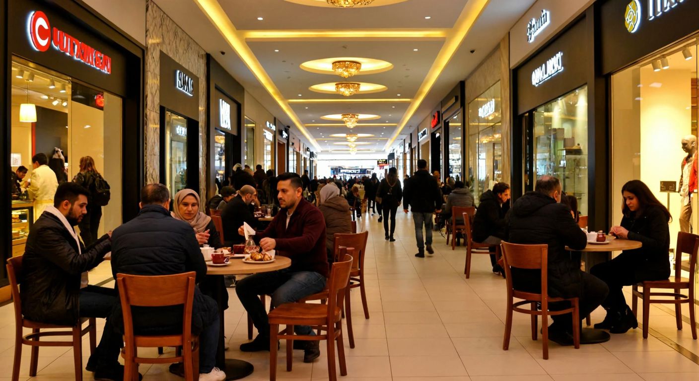 A warmly lit café in a bustling Turkish shopping mall, with people enjoying rich Turkish coffee and pastries at small wooden tables, surrounded by modern storefronts and soft indoor lighting.
