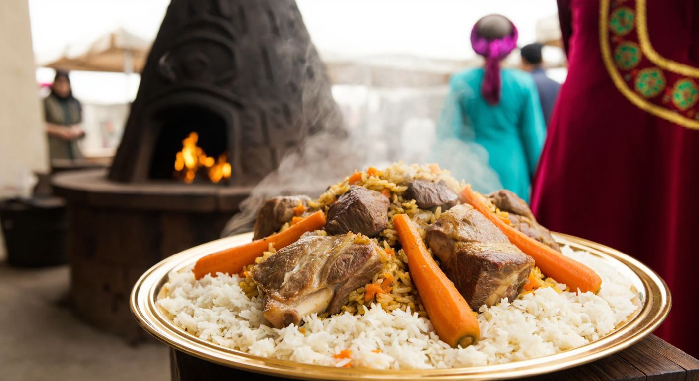 A steaming golden platter of **Özbek pilavı** with tender meat, carrots, and rice, set against a backdrop of a traditional Central Asian clay oven and a vibrant market scene with people in colorful regional attire.