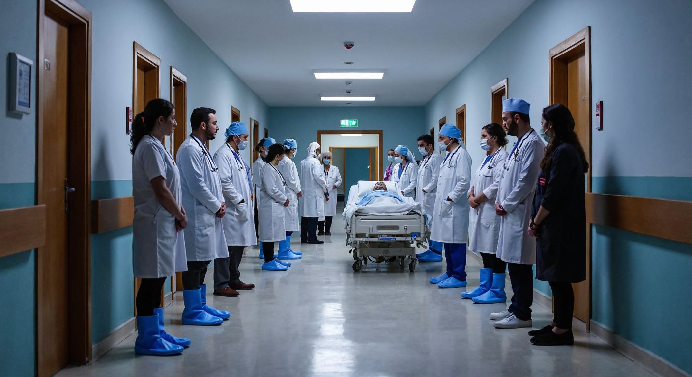 A bustling Turkish hospital hallway with doctors and nurses wearing blue galoshes over their shoes, standing near a patient bed under bright fluorescent lights.