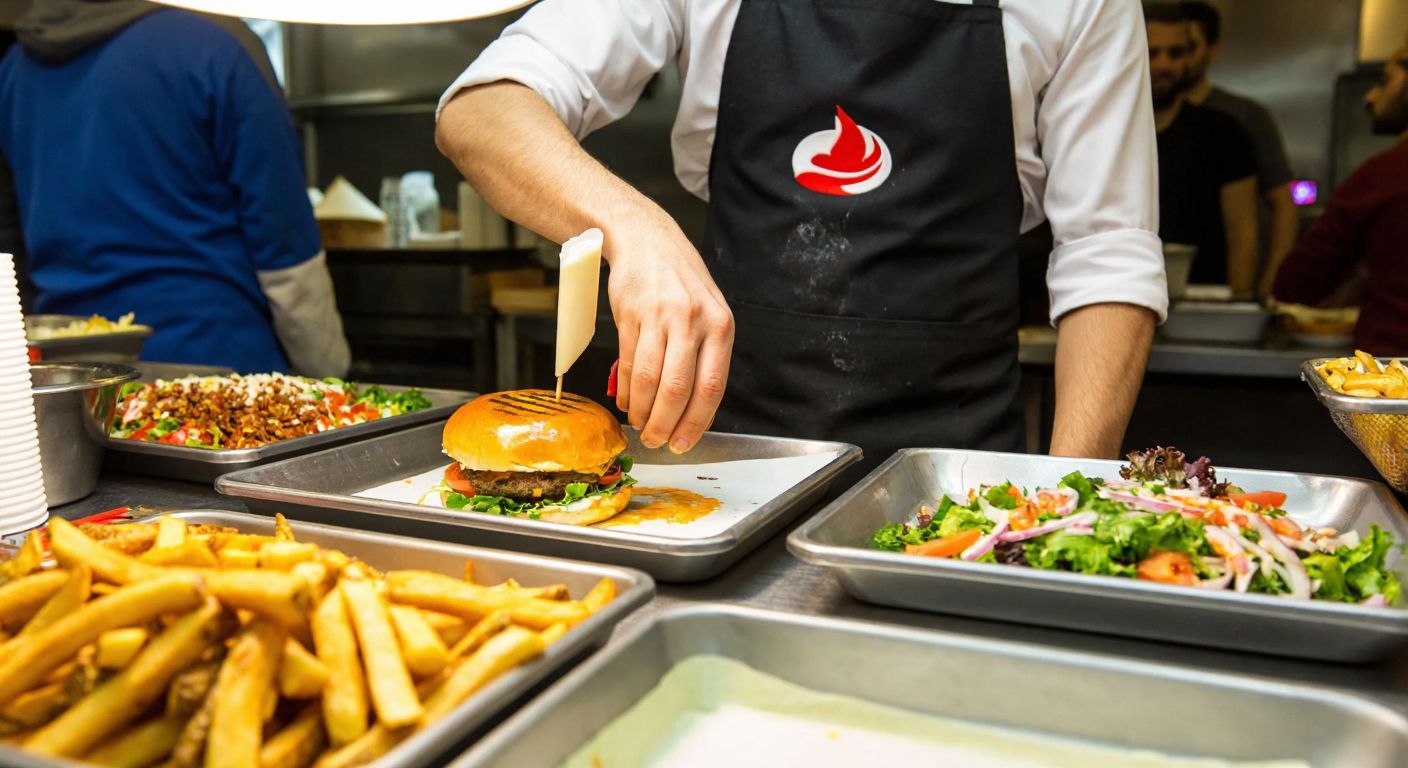 A bustling Turkish fast-food counter with a worker in a white apron squeezing a stick of mayonnaise onto a freshly grilled burger, surrounded by trays of golden fries and colorful salads.