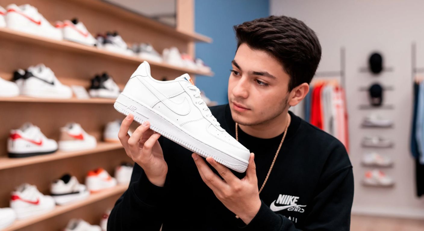 A young Turkish person in a sneaker store, carefully holding a white Nike Air Force 1 shoe while comparing it to their foot, with a thoughtful expression.