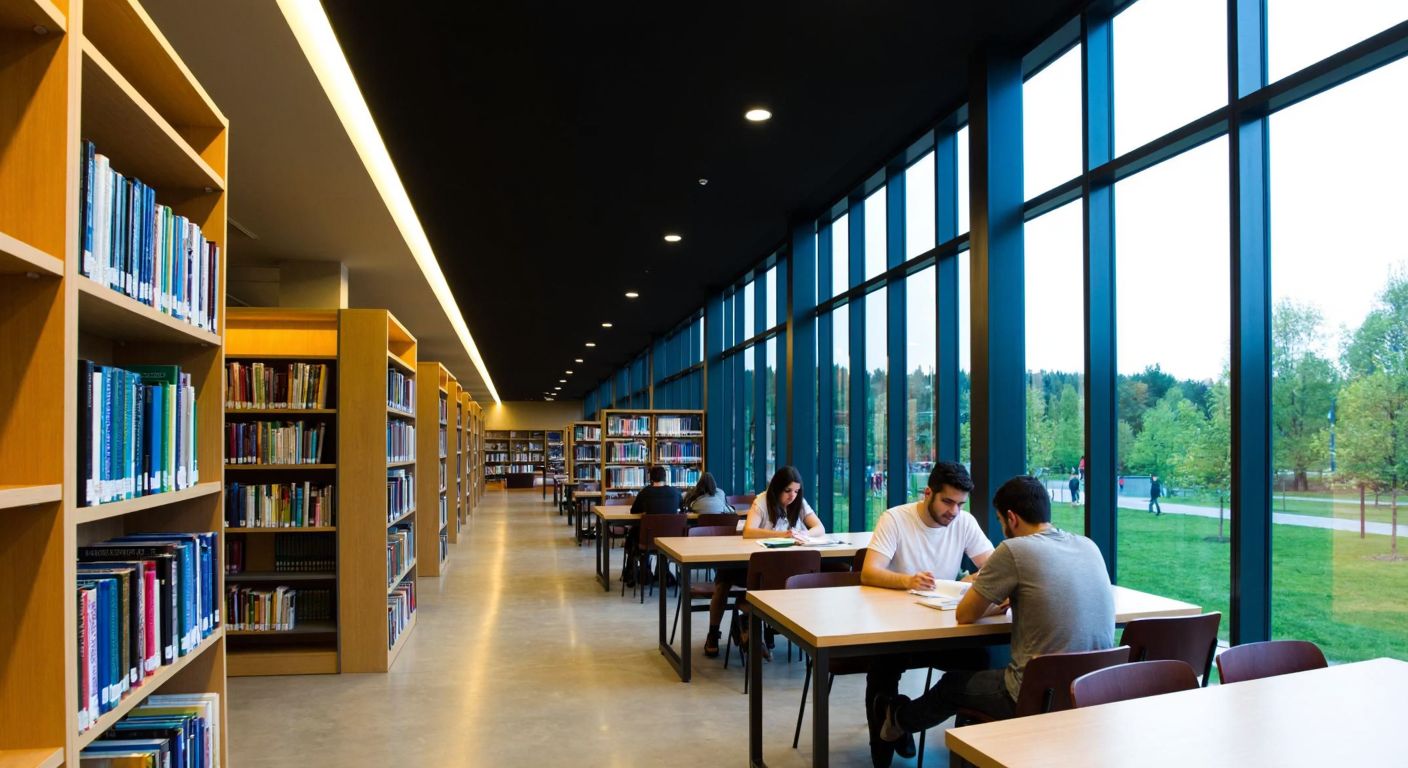 A modern university library in Sakarya with tall shelves of books, students studying at wooden tables under warm lighting, and large windows overlooking a green campus.