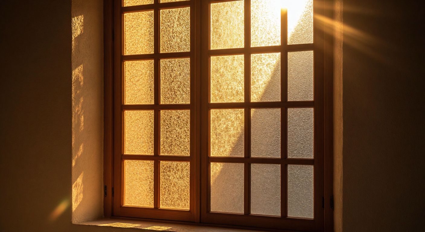 A textured, frosted glass panel softly diffuses warm sunlight, casting a blurred glow on a traditional Turkish wooden lattice window frame.