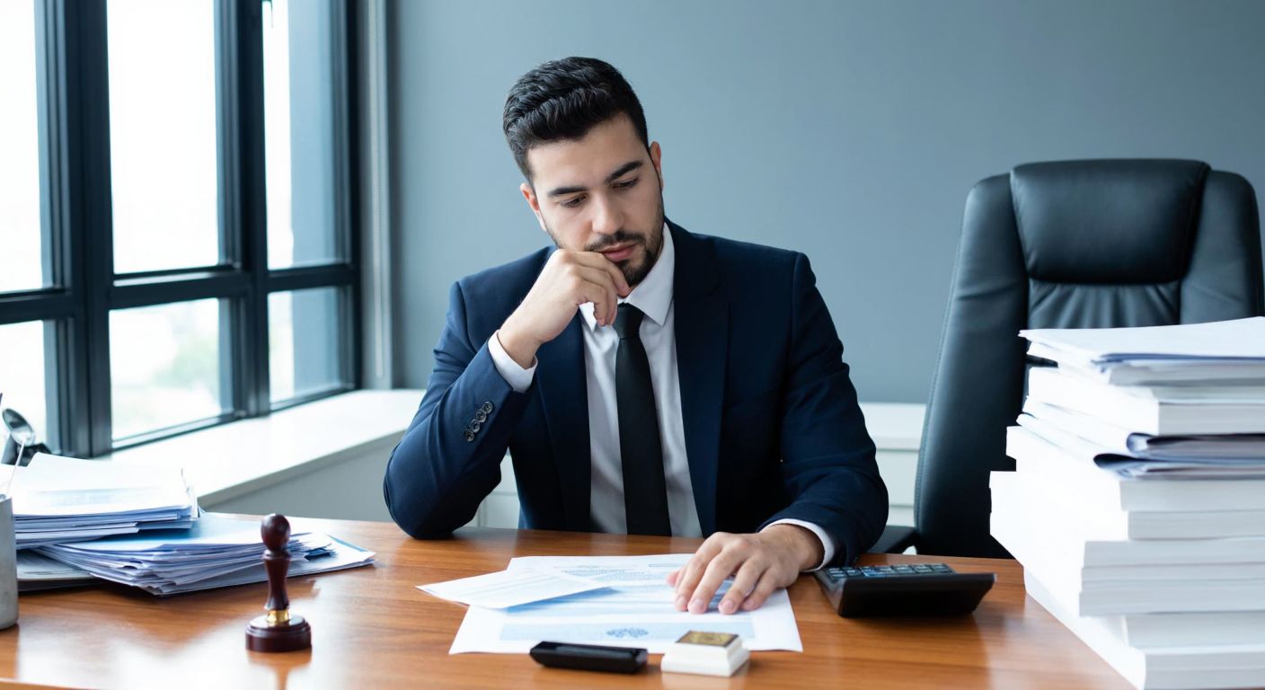 A focused Turkish entrepreneur in a business suit sits at a wooden desk in a modern office, surrounded by stacks of documents, a calculator, and a notary stamp, with a thoughtful expression while reviewing financial papers.