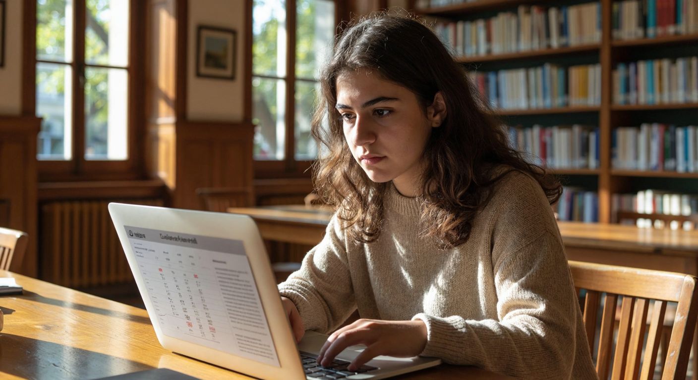 A young Turkish student with focused eyes sits at a wooden desk in a sunlit university library, browsing a course list on a laptop while holding a printed academic calendar.  

(Note: The description avoids explicit technology by not detailing the screen content and omits text/symbols while capturing the essence of the interaction—course registration at a Turkish university.)
