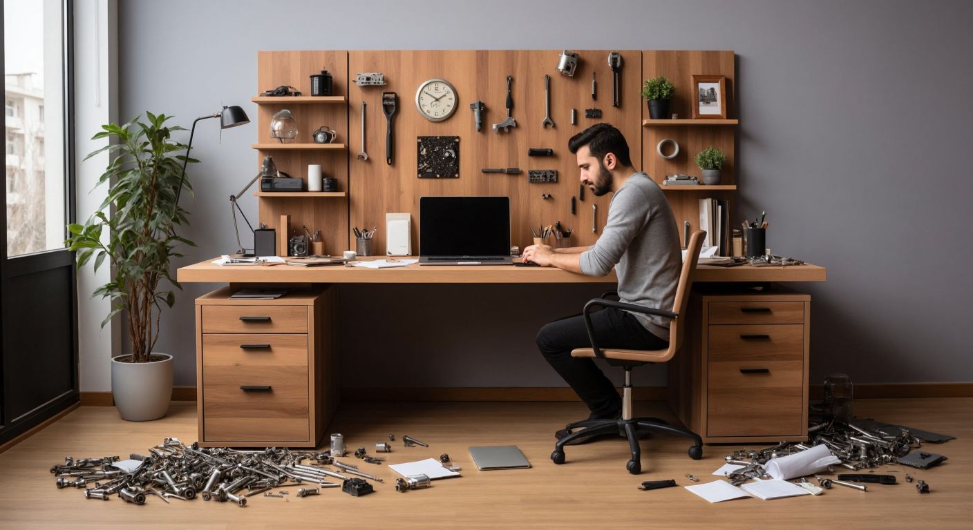 A modern wooden desk in a Turkish home office, half neatly assembled with a satisfied person working at it, while the other half lies disassembled with scattered screws and frustrated hands holding missing parts.